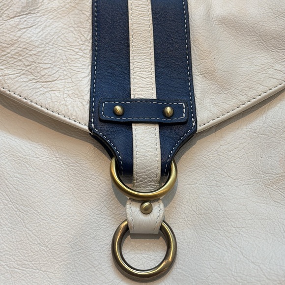 Avorio genuine leather crossbody bag in white with blue trim. - Picture 2 of 10